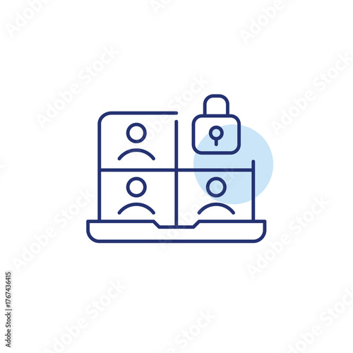 Group video call on laptop and lock. Secure media conference, protected connection. Pixel perfect, editable stroke vector icon