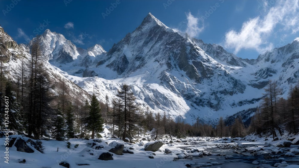 Fototapeta premium Snowy alpine mountains under a clear blue sky, with a rocky river valley and scattered pine trees in the foreground. Concept Snowy alpine mountains, Clear blue sky, Rocky river valley