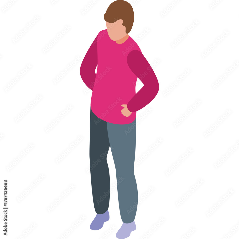 Fototapeta premium Isometric view of a person wearing a pink long sleeve shirt and gray pants standing with hands on hips against a white background in a simple flat design style illustration