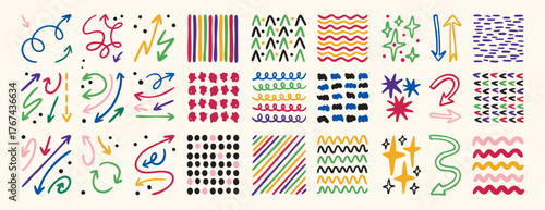 Various Doodle Sketch Arrows, Shape Direction Pointers and Objects. Colored lines, curves, dots, spirals are drawn by hand. Brush stroke style. Hand drawn abstract texture set.