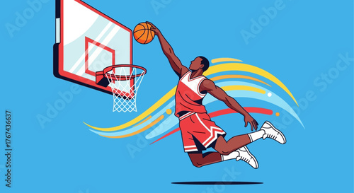 Dynamic Vector Illustration of Basketball Player Dunking in Modern Style with Bright Colors