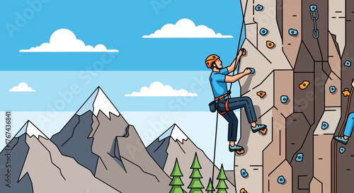 Vector Illustration of Mountain Climber on Rock Wall in Modern Style with Bright Colors for Outdoor Adventure Marketing