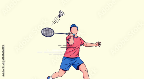 Vector Illustration of Boy Playing Badminton in Modern Minimalist Style with Bright Colors