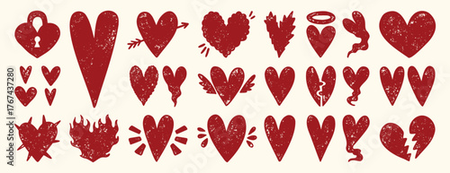 Grunge textured hearts in bold aggressive romantic style, hand drawn distressed red or pink love symbols