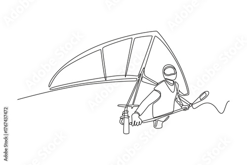 Continuous one line drawing man is hang gliding, gripping control bar firmly while soaring airborne, fluid motion, dynamic freedom of extreme sport. Single line draw design vector graphic illustration