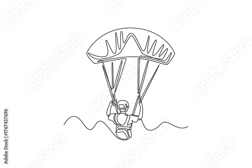 Continuous one line drawing back view young person is paragliding, suspended beneath a fully inflated chute, gripping the control lines in mid-air. Single line draw design vector graphic illustration