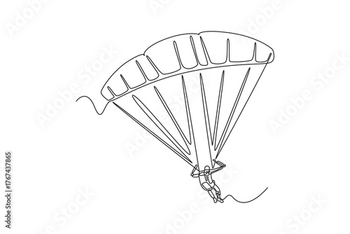 Continuous one line drawing person is paragliding, suspended beneath fully inflated chute and flying with outstretched arms. Freedom extreme sport. Single line draw design vector graphic illustration