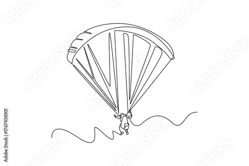 Continuous one line drawing brave person is paragliding, suspended high beneath fully inflated chute, thrill and airborne freedom of extreme sport. Single line draw design vector graphic illustration
