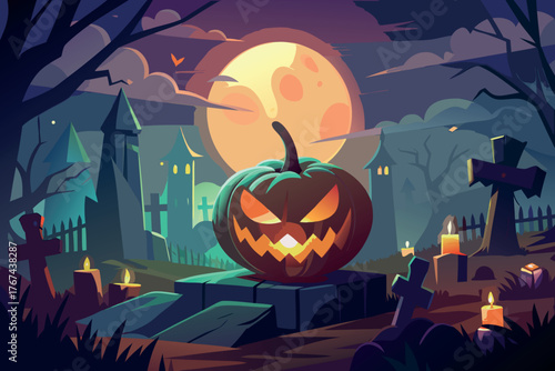 Spooky halloween night with jack o lantern and full moon