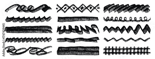 Textured horizontal lines, fragments of ornament underlines, textured grunge set, wavy and zigzag and straight accents.