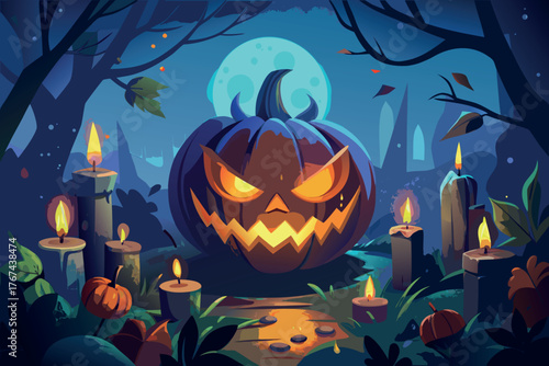 Spooky jack o lantern with candles and full moon on halloween night