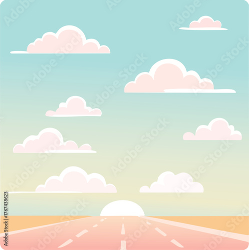 Scenic Road to Sunrise A Pastel Dreamscape of Clouds, Sky, and Open Road