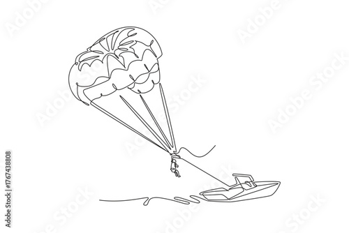 Single continuous line drawing person is parasailing high over the water, towed by boat, dynamic thrill and airborne freedom of extreme sport. Dynamic one line draw graphic design vector illustration