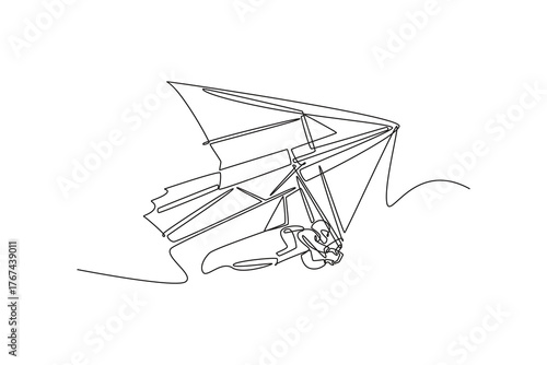Single one line drawing bravery adventure man is hang gliding, soaring in the smooth glide, dynamic flight, and freedom of extreme sport. Modern continuous line draw design graphic vector illustration