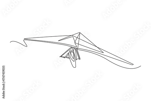 Single one line drawing back view of young sportsman doing hang gliding, smooth glide, dynamic motion, and freedom of the extreme sport. Modern continuous line draw design graphic vector illustration