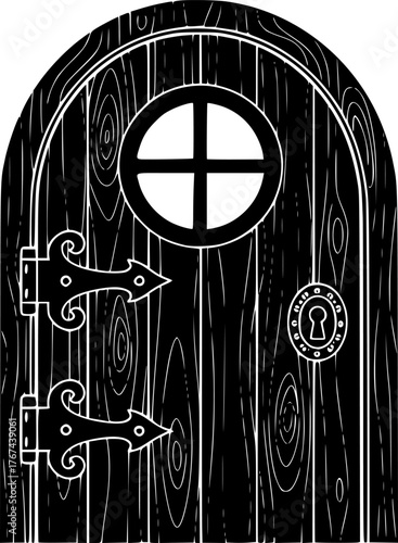 Fairy door silhouette. This image shows a whimsical, enchanted door with a round window, ornate hinge, and keyhole, resembling a fairy-tale entrance. Vector clipart black illustration design