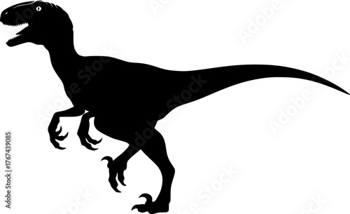 Velociraptor silhouette. This image shows a black silhouette of a Velociraptor, a small, agile predator dinosaur from the prehistoric era. Vector clipart illustration design