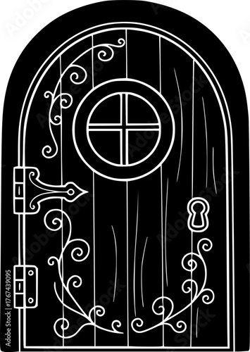 Fairy door silhouette. This image shows a whimsical, enchanted door with a round window, ornate hinge, and keyhole, resembling a fairy-tale entrance. Vector clipart black illustration design