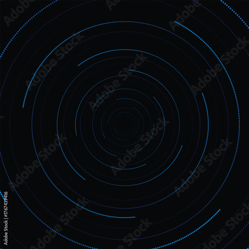 Abstract digital background featuring concentric circular lines made of blue glowing dots on a black background, creating a futuristic and hypnotic visual effect.