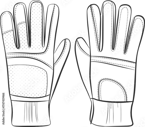 Protective gloves, technical flat sketch, reinforced knuckle design, padded palm detail, durable work gloves, sports handwear, fashion illustration, garment template, apparel vector, safety gear