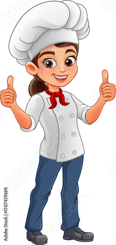 Smiling woman chef character standing with both thumbs up. Cartoon female cook illustration, ideal for restaurant branding, culinary promotions, menu graphics, and cooking-themed designs.