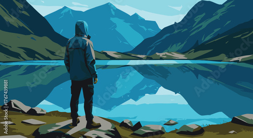A lone traveler stands at the edge of a pristine mountain lake, deeply immersed in the stunning reflection of majestic peaks and the serene beauty of the wilderness
