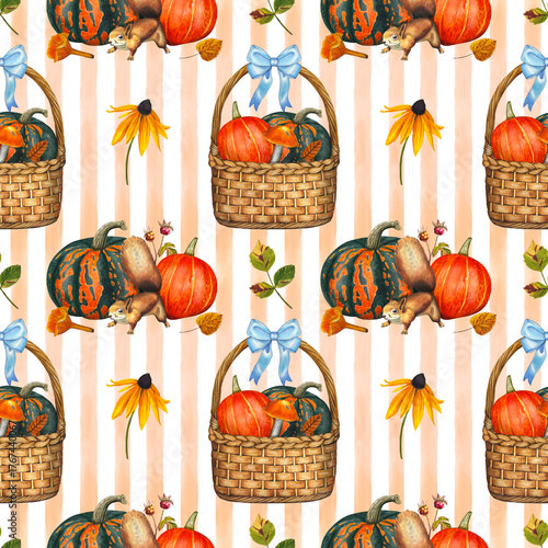 Hand drawn autumn seamless pattern with orange, green pumpkins, basket, squirrel, autumn leaves. Watercolor