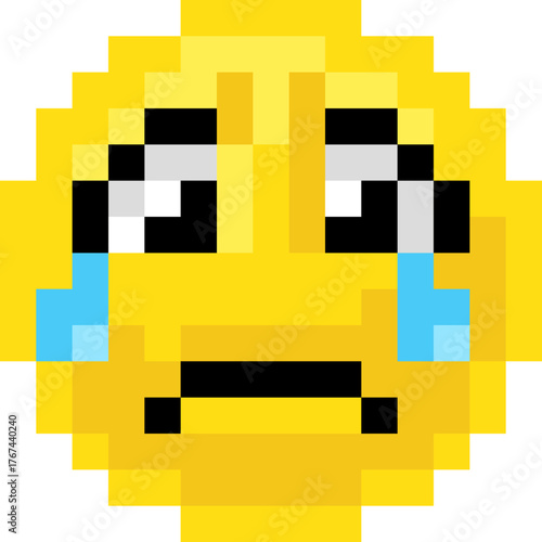 Sad pixel art emoji emoticon with tears streaming down its cheeks. Retro 8 bit style digital icon showing emotion, perfect for chat, games, stickers, or nostalgic pixel design projects.