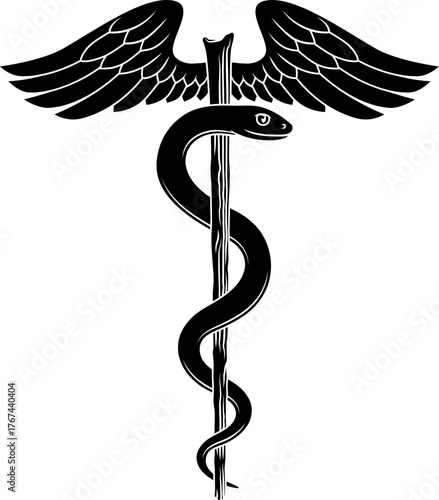 Rod of Asclepius or Aesculapius doctor medical symbol, often mislabelled as a caduceus. Features a snake curled around a staff. In this case also features wings.