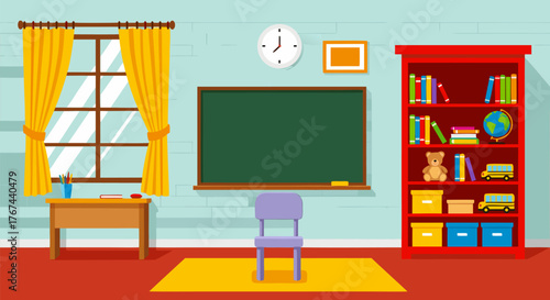 Classroom Interior Scene with Blackboard, Bookshelf, and Window
