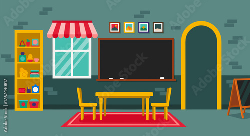 Flat design vector illustration of a cozy empty room interior, featuring a blackboard, table, and chairs, suitable for educational or cafe background visuals
