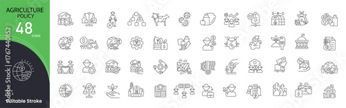 Agriculture policy related icons set including farming, government regulation, sustainability, subsidy, rural development, and food production. Editable stroke icons.