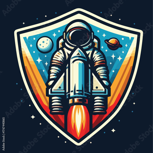 Astronaut and Rocket Launching into Space Emblem.