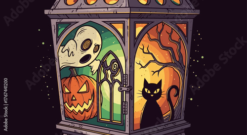 Spooky tales lantern illuminating a playful halloween night illustration character design