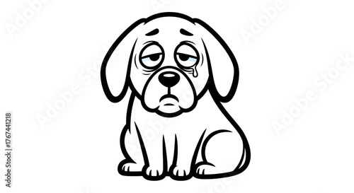 Illustration of a sad puppy sitting alone with a tear rolling down its face outlined in black and
