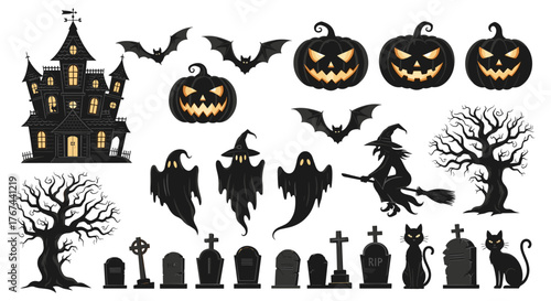 Spooky Halloween Icons and Illustrations Bats, Pumpkins, Ghosts, and More
