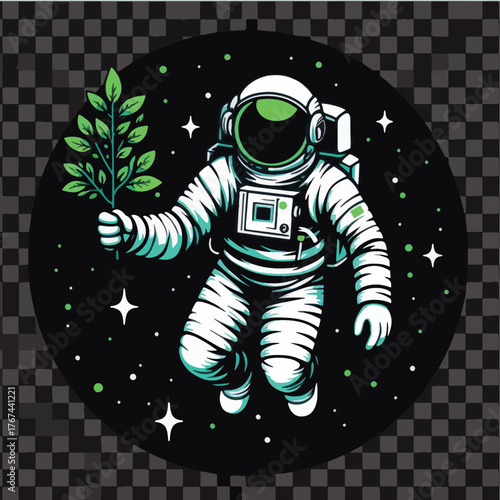 Astronaut holding a green plant in space.