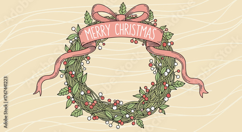 Elegant christmas wreath with berries and leaves in vintage hand drawn style with banner