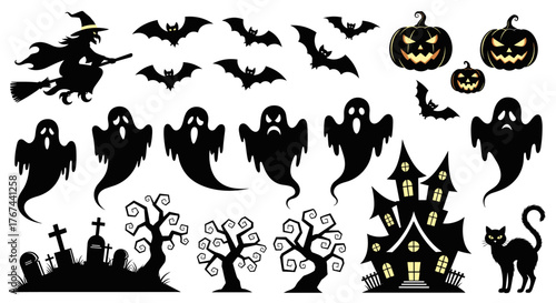 Spooky Halloween Silhouette Vector Set Bats, Ghosts, Witch, Pumpkin, Haunted House, and More!