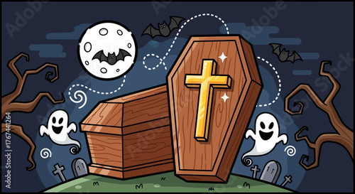 Cartoon graveyard scene with coffins, ghosts, moon, and bats in a spooky atmosphere