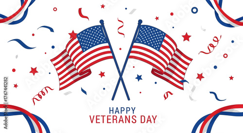 Patriotic celebration with american flags and decorative confetti honoring veterans day with