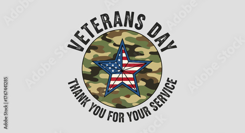 Patriotic veterans day tribute graphic with camouflage and stars and stripes emblem