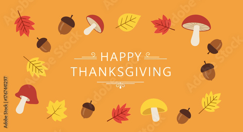 Festive Thanksgiving greeting with autumn foliage, acorns, and vibrant mushrooms adorning warm