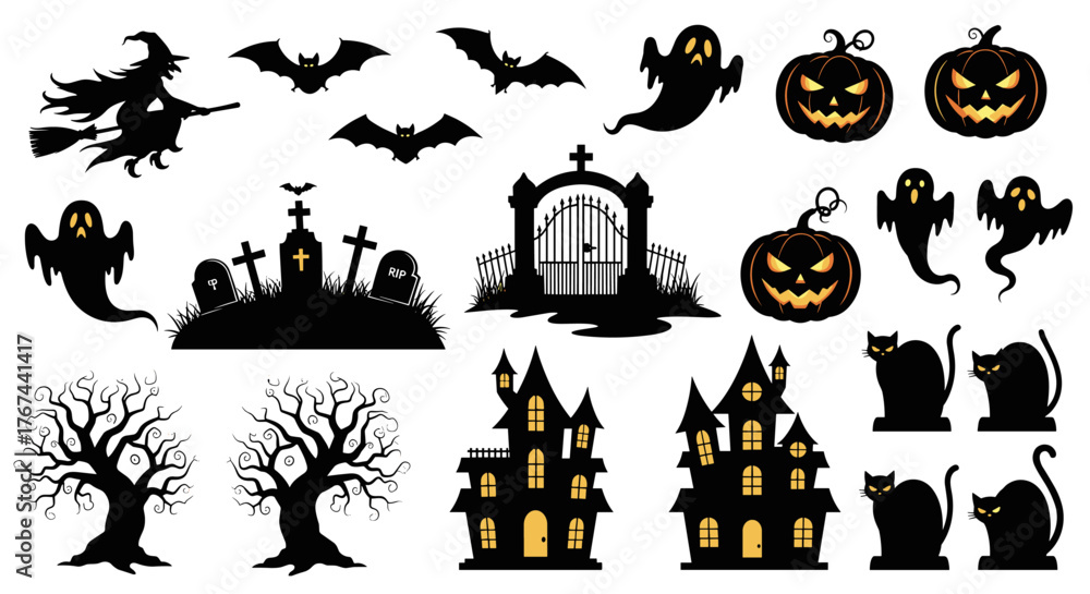 Fototapeta premium A comprehensive vector set of classic Halloween silhouette icons, including spooky haunted houses, ghosts, and black cats