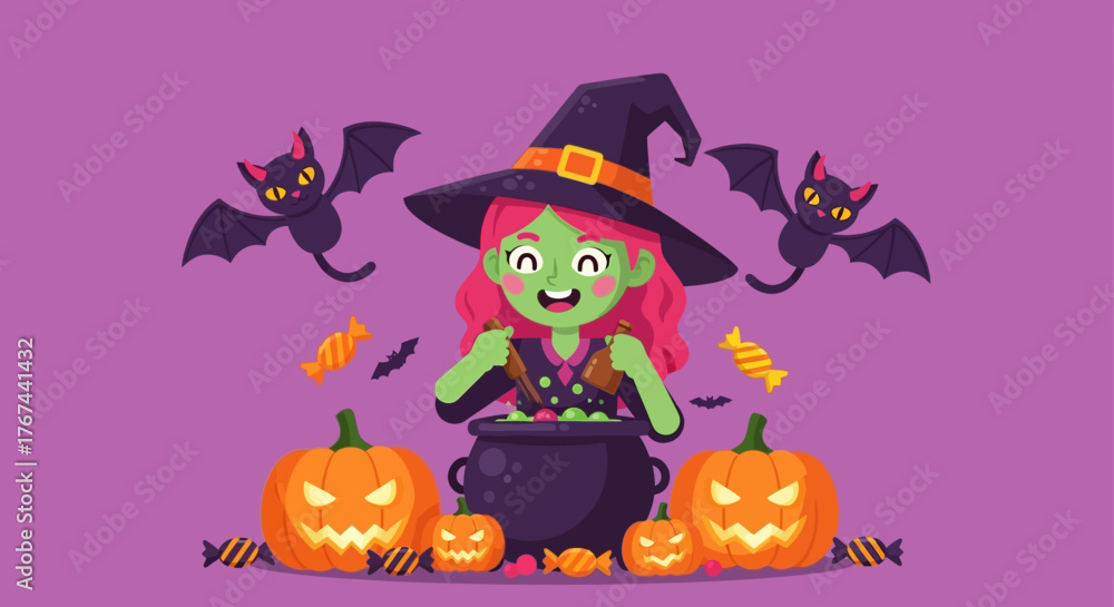 Fototapeta premium Enchanting Halloween scene with a whimsical witch, festive pumpkins, and playful bats creating a