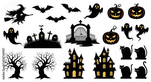 A comprehensive vector set of classic Halloween silhouette icons, including spooky haunted houses, ghosts, and black cats