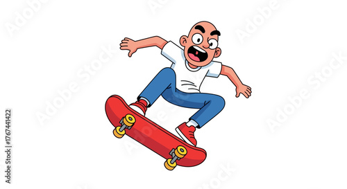 Cartoon Skateboarder Excitement: A Bald Boy's Thrilling Ride on Red Deck Showing Joy