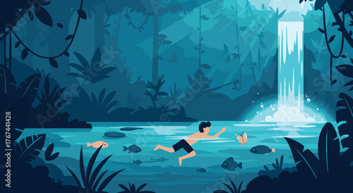 Tropical Oasis Boy Swimming in a Waterfall Pool Surrounded by Lush Jungle