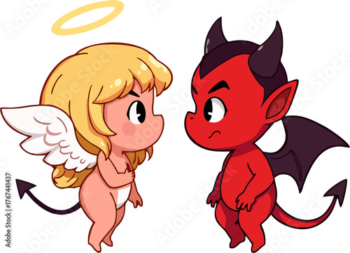 Fototapeta Chibi Baby Angel and Devil Cartoon Vector Illustration – Cute Fantasy Character