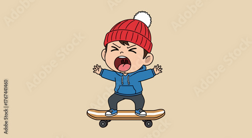 Cartoon illustration of a boy with a red beanie skateboarding with a funny expression